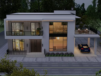 Modern Two Story Detached Villa with Large Windows Bright Lighting Parking Space and Greenery 3d model
