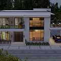 Modern Two Story Detached Villa with Large Windows Bright Lighting Parking Space and Greenery