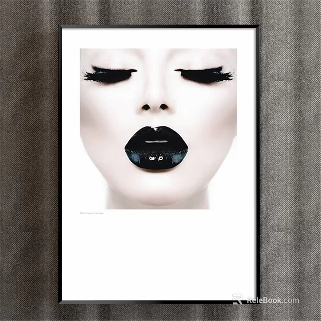 Portrait Painting with Black Eyelashes Glossy Black Lips White Background and Black Frame 3d model 