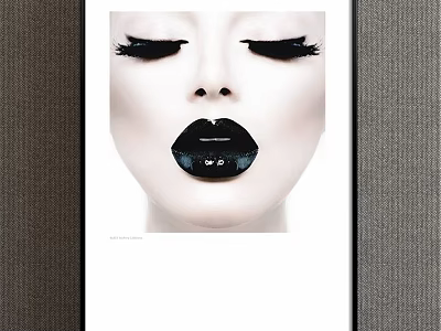 Portrait Painting with Black Eyelashes Glossy Black Lips White Background and Black Frame 3d model