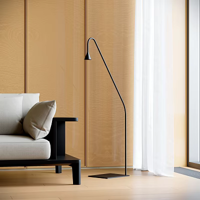 Modern Floor Lamp with Black Stand by Beige Sofa Wooden Wall and White Curtain 3d model
