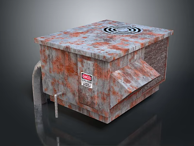 Old Rusty Industrial Equipment With Circular Lid Metal Pipe And Label 3d model