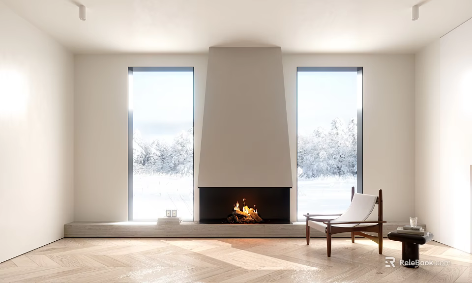 Minimalist Living Room With Fireplace Large Windows And Herringbone Floor 3d model 