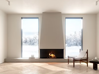 Minimalist Living Room With Fireplace Large Windows And Herringbone Floor 3d model