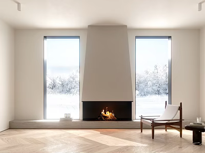 Minimalist Living Room With Fireplace Large Windows And Herringbone Floor 3d model