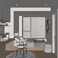 Modern Tatami Bedroom Interior With Built in Desk Shelves Wooden Floor Blinds And Round Rug