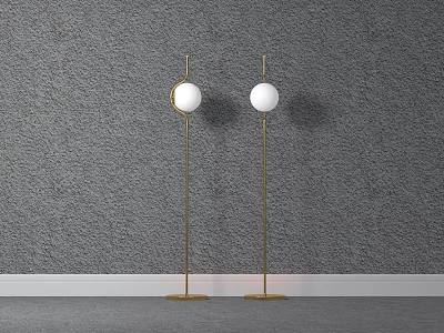 Modern Minimalist Floor Lamps with Golden Stand and White Spherical Shade Against Gray Textured Wall 3d model