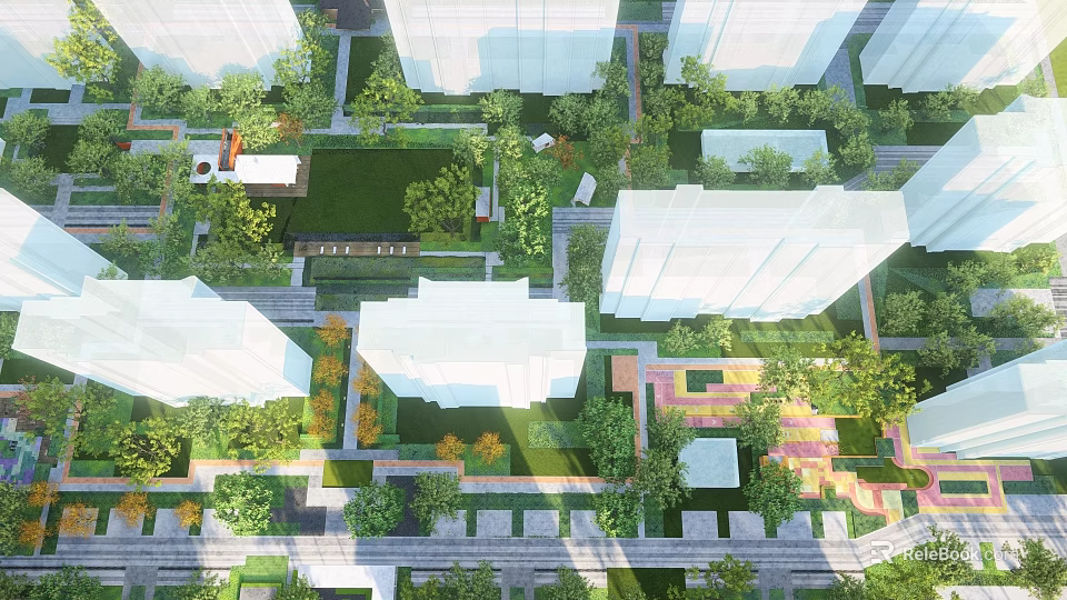 Residential Landscape With High Rise Buildings Lush Greenery Gardens And Walkways 3d model 