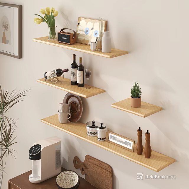 Modern Wooden Wall Mounted Shelves With Decorative Items Wine And Potted Plant 3d model 