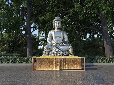 Silver Buddha Sculpture on Golden Pedestal in Outdoor Garden with Trees and Greenery 3d model