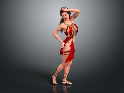 Female Belly Dancer In Red Costume With Jewelry And Dancing Pose 3d model