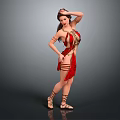 Female Belly Dancer In Red Costume With Jewelry And Dancing Pose