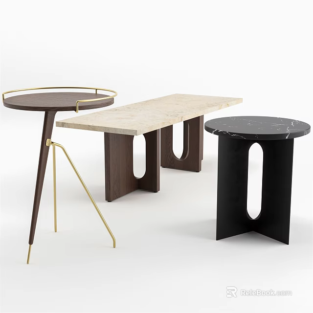 Modern Coffee Tables With Rectangular Marble Top Round Wood And Gold Black Metal Frames 3d model