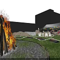Night Garden Landscape with Illuminated Pathways Volcano Fire Pit Stones and Tent with String Lights