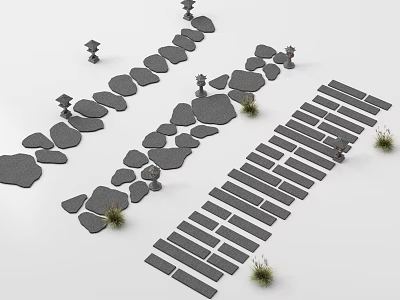 Various Shaped Stepping Stones Path Design With Garden Lanterns And Small Grass 3d model