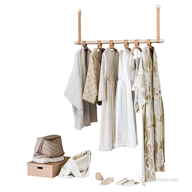 Beige White Light Brown Clothes Hanging On Wooden Hanger With Dress Scarf Hat And Handbag 3d model 