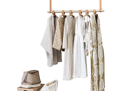 Beige White Light Brown Clothes Hanging On Wooden Hanger With Dress Scarf Hat And Handbag 3d model