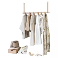 Beige White Light Brown Clothes Hanging On Wooden Hanger With Dress Scarf Hat And Handbag