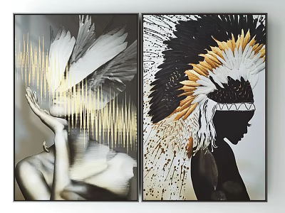 Dual Canvas Black And White Female Portrait Art With Feather Decoration And Gold Accents 3d model