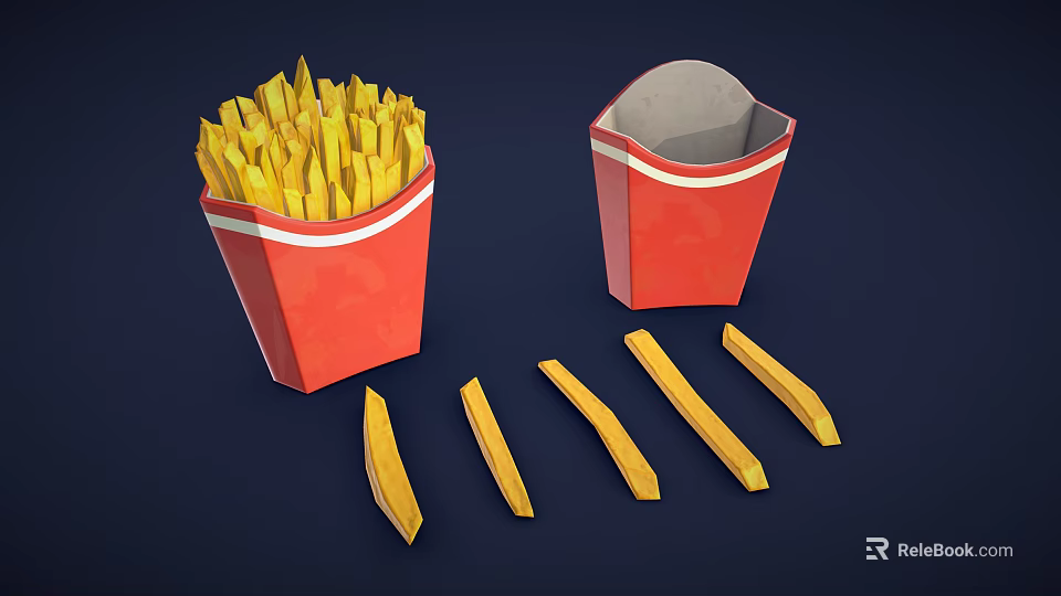 Crispy Golden French Fries in Red Paper Boxes with Scattered Pieces on Dark Background 3d model 