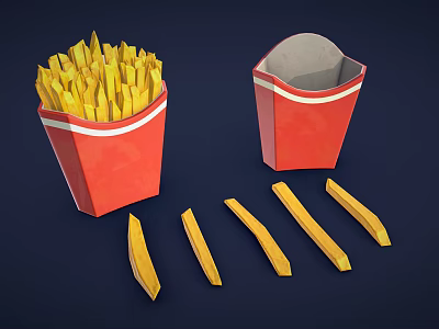 Crispy Golden French Fries in Red Paper Boxes with Scattered Pieces on Dark Background 3d model