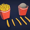Crispy Golden French Fries in Red Paper Boxes with Scattered Pieces on Dark Background