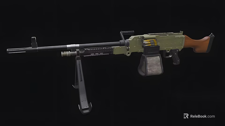 Military Green Machine Gun With Wooden Stock Bipod And Ammunition Belt 3d model 