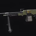 Military Green Machine Gun With Wooden Stock Bipod And Ammunition Belt