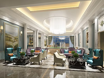 Sales Office Luxurious Lobby Interior With Elegant Sofas Chandelier Decorative Paintings And Marble Flooring 3d model