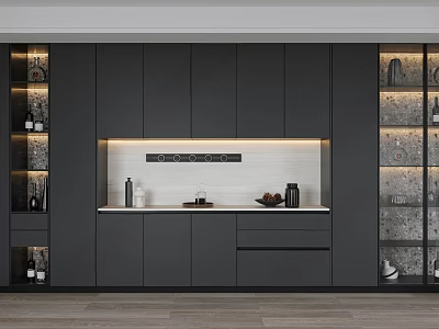 Sleek Modern Wine Cabinet Featuring Glass Door Display And Dark Gray Cabinetry 3d model