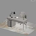 Light Beige Modern Desk with Black Lamp Open Book Potted Plant and Beige Rolling Chair