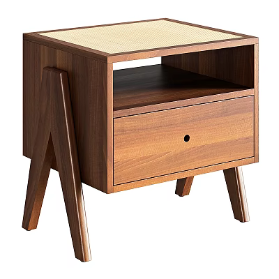 Modern Walnut Wood Bedside Table With Drawer Open Shelf And Unique A Shaped Legs 3d model