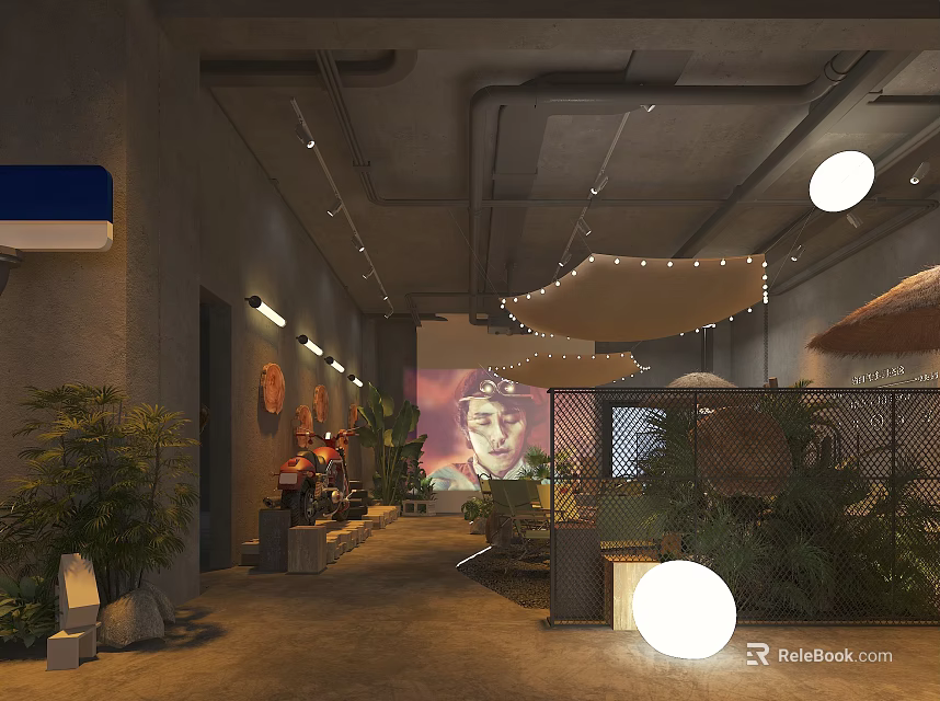 Industrial Style Bar Interior With Exposed Pipes Round Lights Green Plants And Projection Screen 3d model 