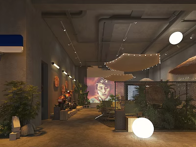 Industrial Style Bar Interior With Exposed Pipes Round Lights Green Plants And Projection Screen 3d model