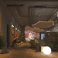 Industrial Style Bar Interior With Exposed Pipes Round Lights Green Plants And Projection Screen
