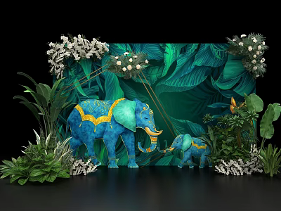 Photo Spot With Blue And Yellow Elephants Green Leaves And White Flowers 3d model