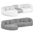 Light Gray And Brown Curved Sectional Sofa With Plush Pillows And Striped Blanket Design