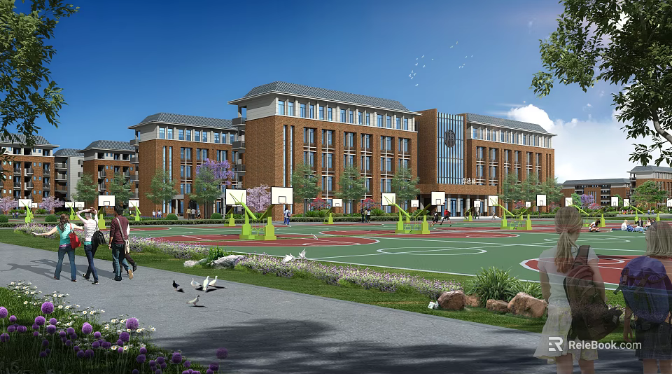 Red Brick Multi Story School Building With Playground Basketball Hoops Greenery And Students Playing 3d model 