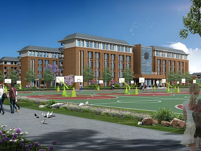 Red Brick Multi Story School Building With Playground Basketball Hoops Greenery And Students Playing 3d model