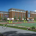 Red Brick Multi Story School Building With Playground Basketball Hoops Greenery And Students Playing