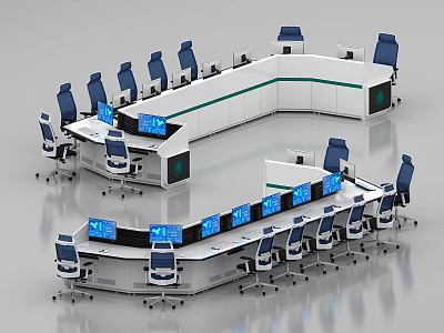 Professional Control Room Featuring Multiple Consoles Monitor Screens And Blue Chairs 3d model