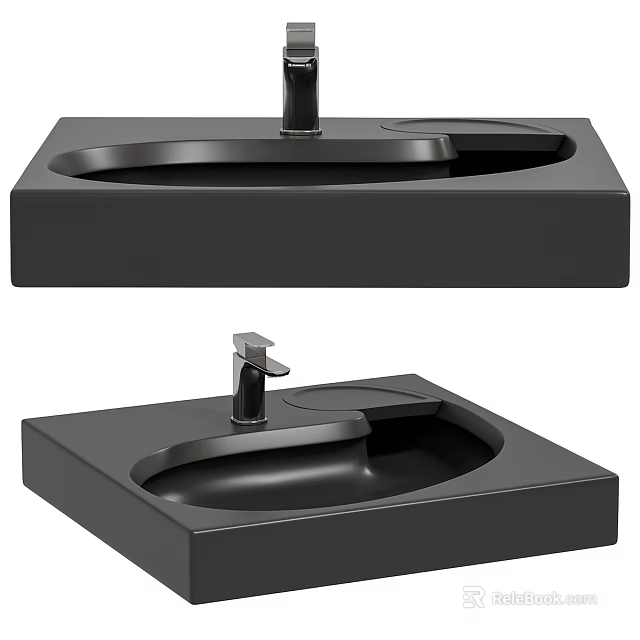 Modern Black Square Shaped Countertop Washbasin With Smooth Surface And Faucet 3d model 