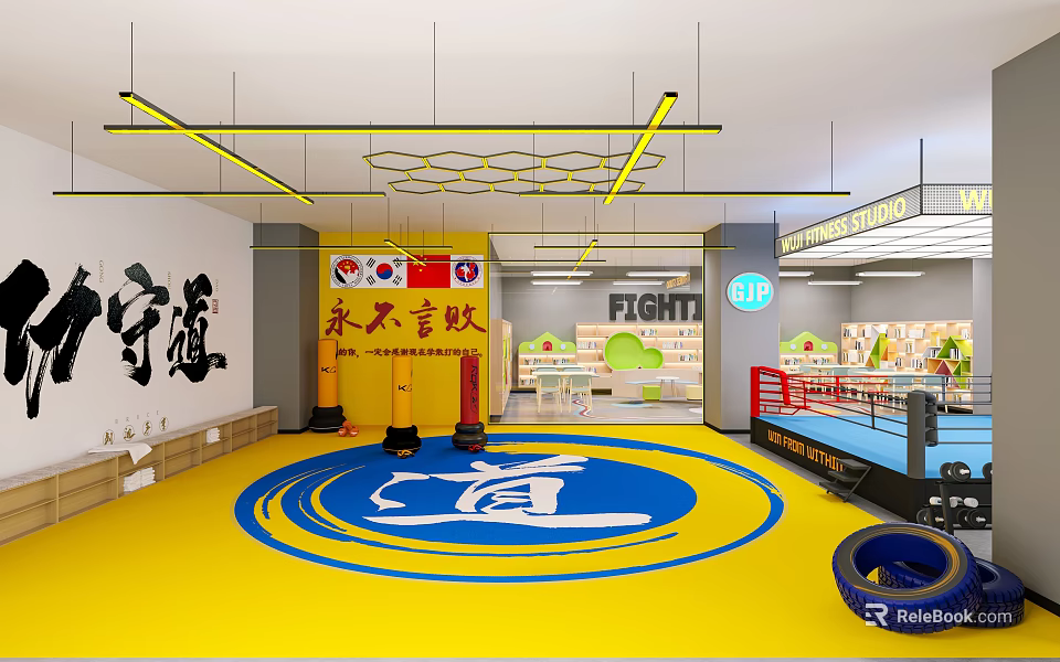 Taekwondo and Boxing Training Gym with Martial Arts Area and Fitness Equipment 3d model 