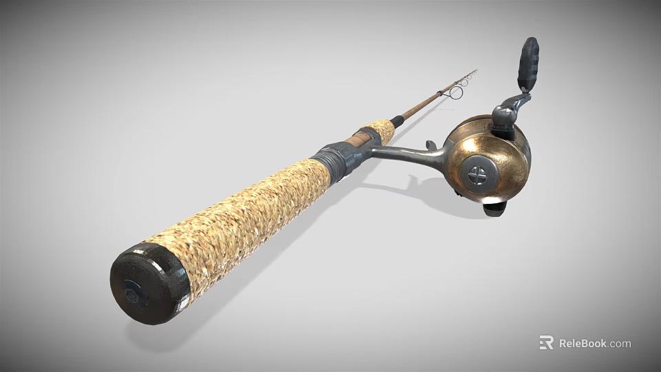 Vintage Fishing Rod With Woven Handle And Metal Reel Classic Design 3d model 