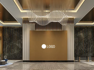 Elegant Modern Front Desk Reception Area With Marble Walls Golden Background And Crystal Chandelier Logo 3d model