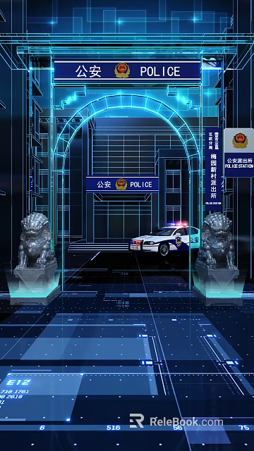 Police Station Entrance with Stone Lions on Both Sides and Police Car in Front 3d model 