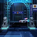 Police Station Entrance with Stone Lions on Both Sides and Police Car in Front