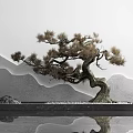 Zen Garden Ornament With Pine Bonsai Mountain Backdrop Stones Water Basin And Reflection