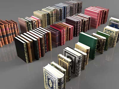 Vintage Hardcover Books with Various Colors Different Thicknesses and Decorative Cover Designs Arranged in Formations 3d model