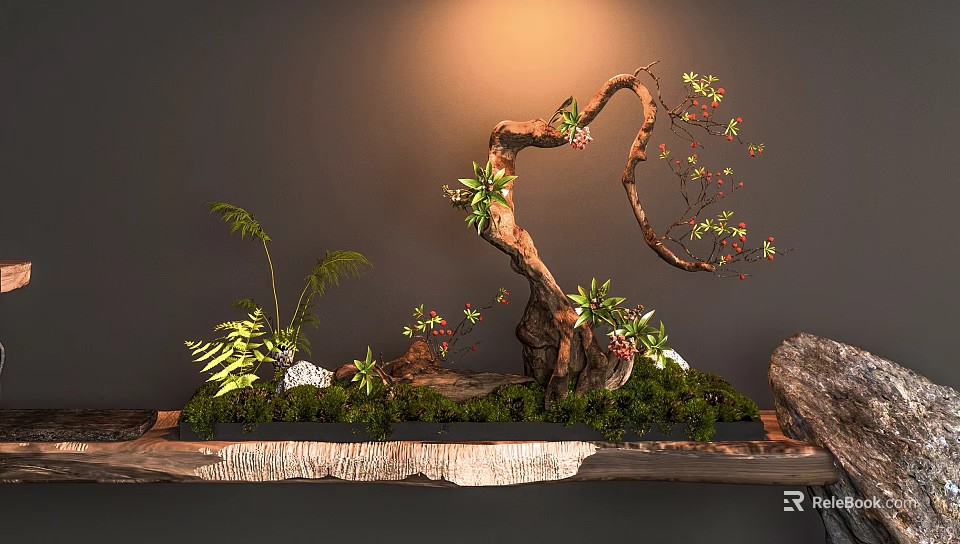 Decorative Indoor Landscape with Withered Trunk Ferns Moss and Small Stones Under Warm Illumination 3d model 
